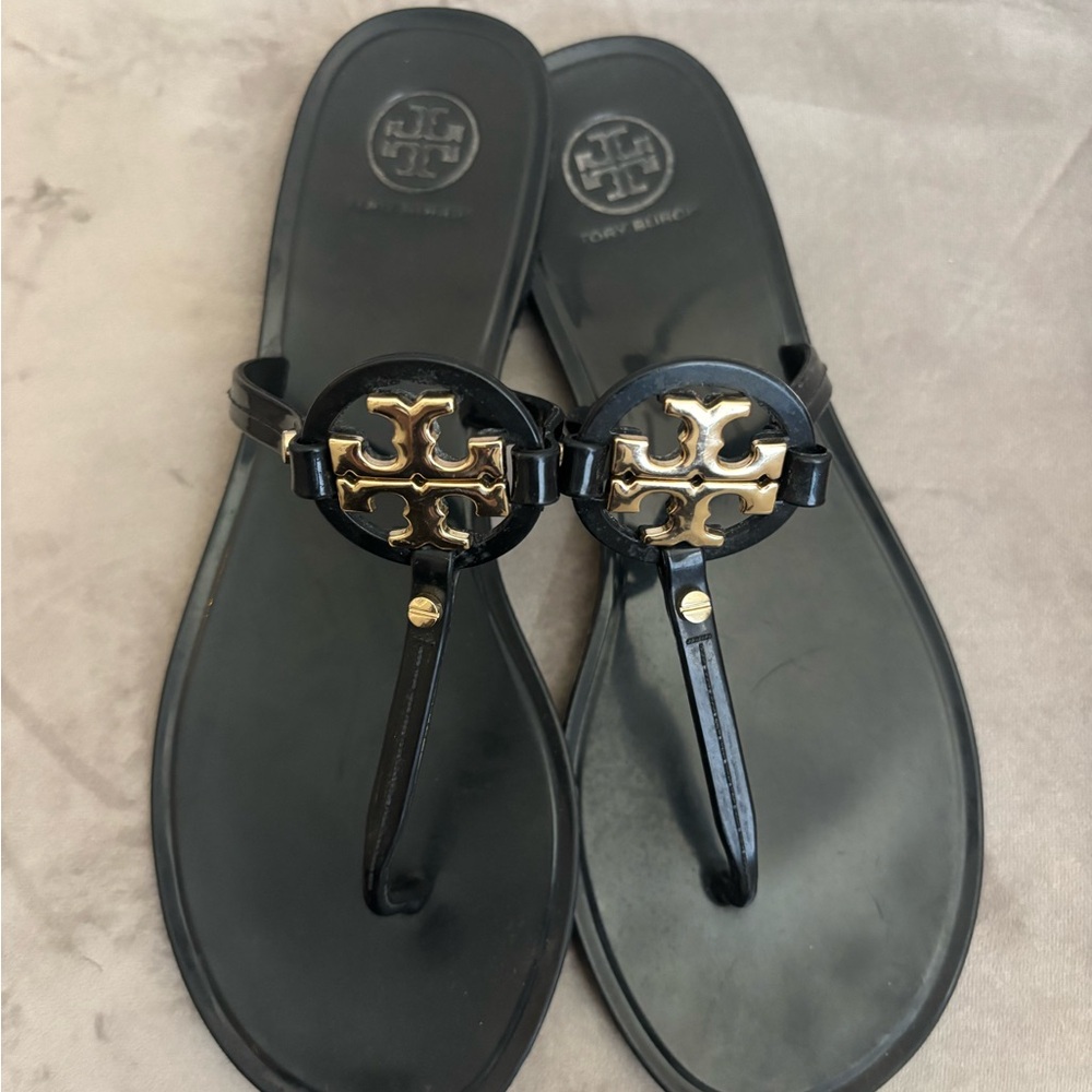 Tory Burch Black Sandals with Gold Emblem